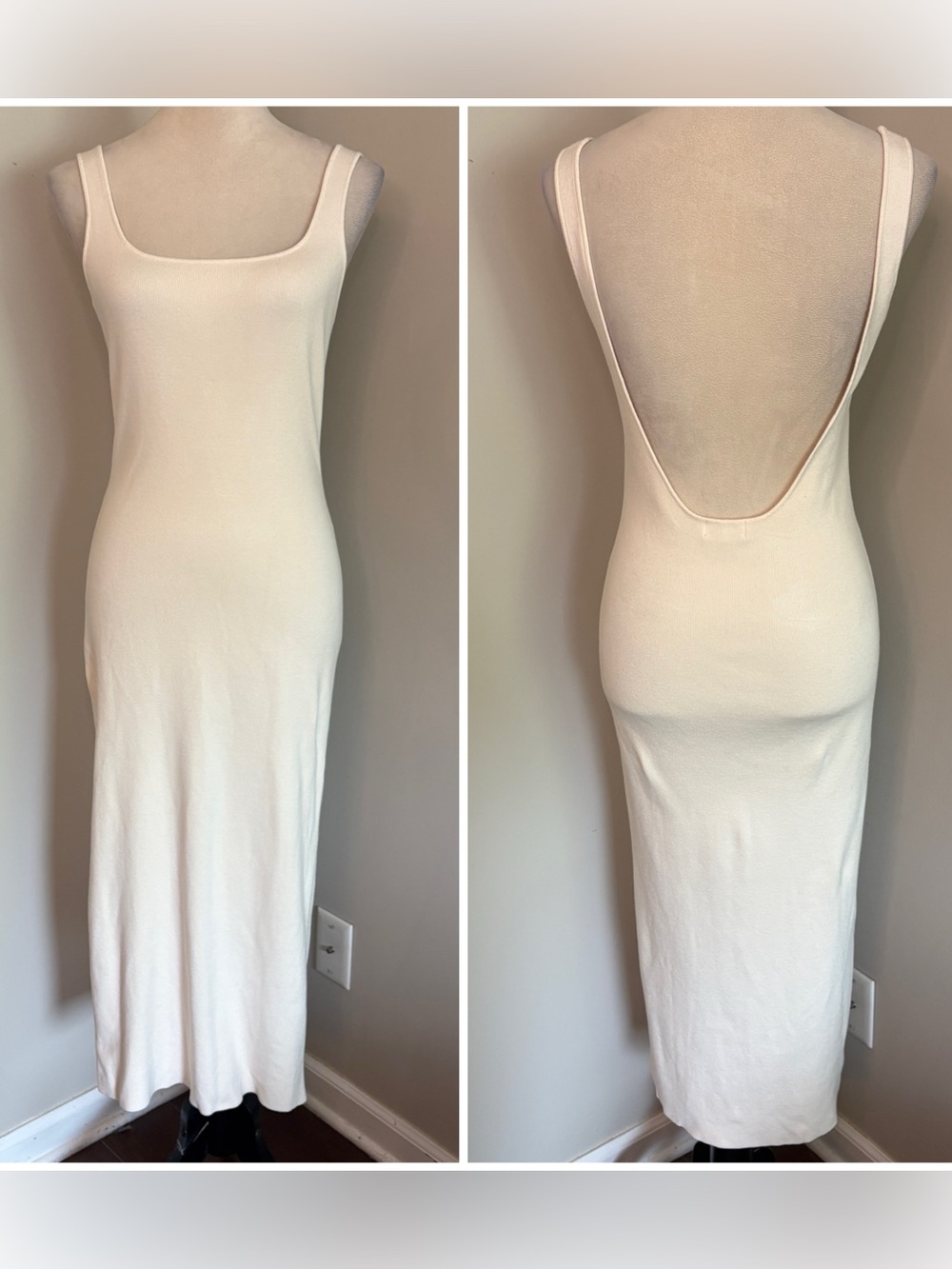 Meshki Janie Backless Ribbed Knit Ivory Cream Midi Dress Minimal Bodycon Small